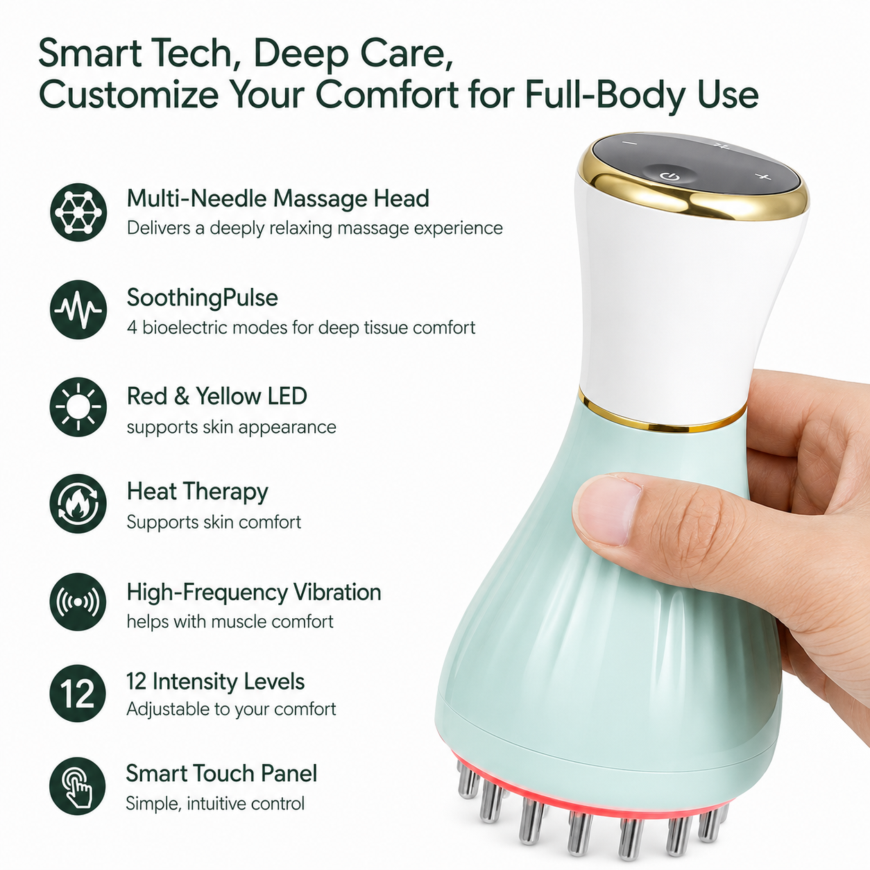 Smart Electric Body Massager with Red Light Therapy Heated Deep Tissue Handheld Massager Rechargeable Muscle Massage Device for Neck Shoulders Back Legs & Full Body Pain Relief