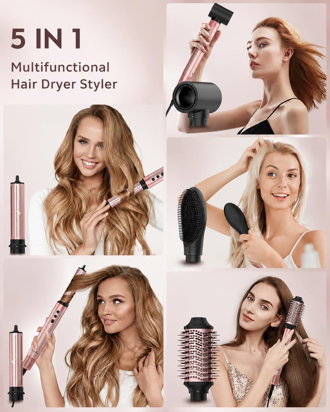 5 in 1 Hot Air Styler & Hair Dryer Brush | Auto Curling, 1400W Fast Drying, Negative Ions, Cool Shot Button, Volumizing and Travel Bag