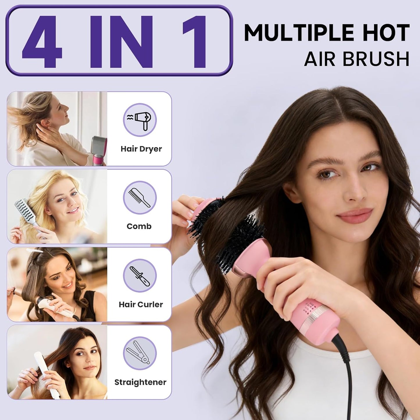 4-in-1 Hair Dryer Brush, Ionic Ceramic Titanium Hot Air Styler with ALCI Safety Plug, 3 Heat Settings for Frizz-Free Blowouts, Salon Volumizer and Straightener