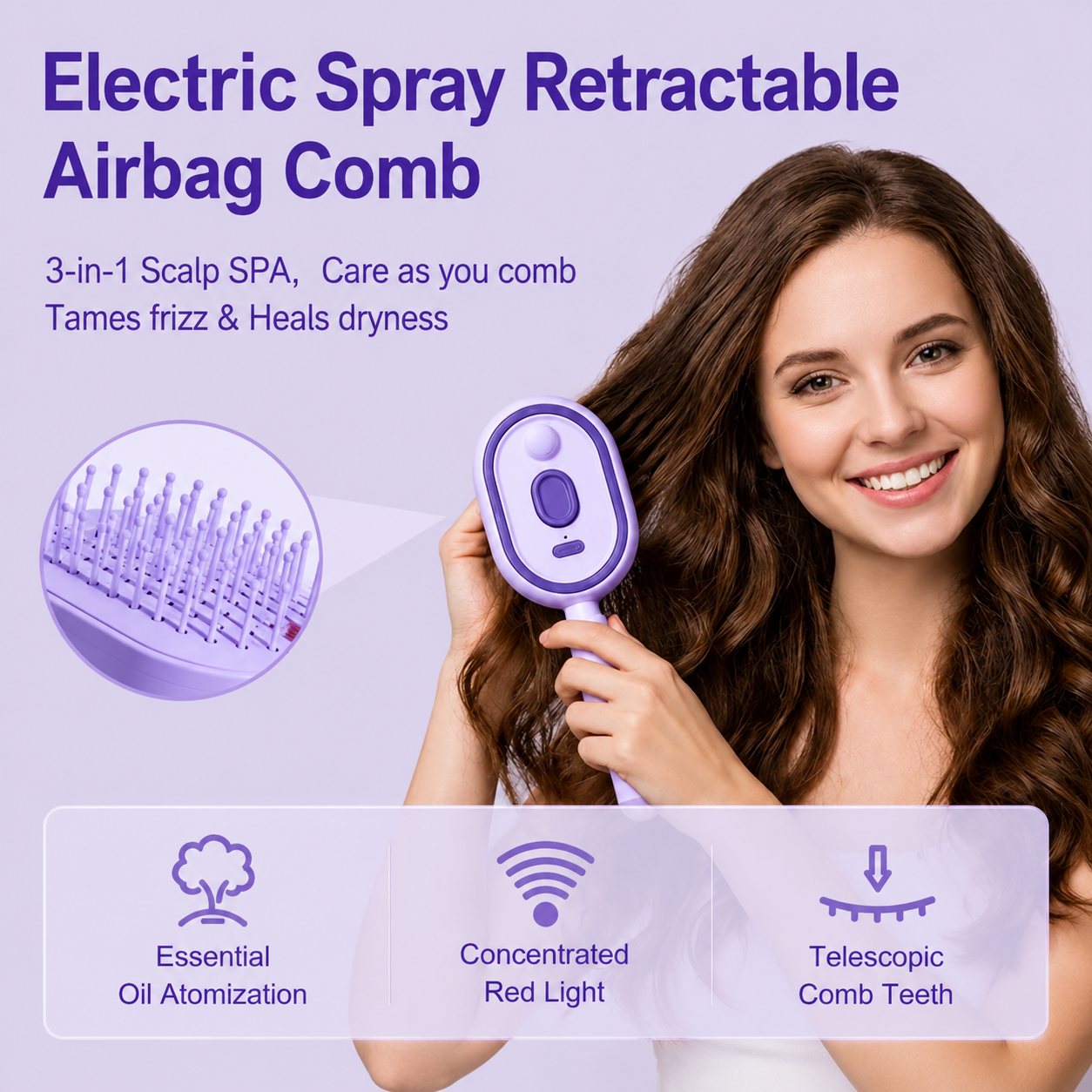 Electric Scalp Massager Hair Brush with Essential Oil Mist Red Light Therapy Self Cleaning Anti Static Detangling Brush Rechargeable Scalp Massage Comb for Hair Growth & Healthy Scalp