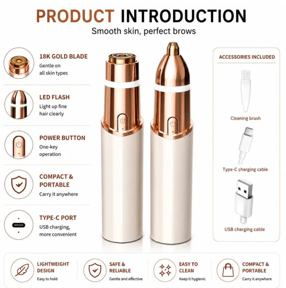 2 in 1 Facial Hair Remover for Women & Eyebrow Trimmer Electric Face Shaver for Women Painless Upper Lip Hair Remover Peach Fuzz Remover Precision Eyebrow Razor USB Rechargeable