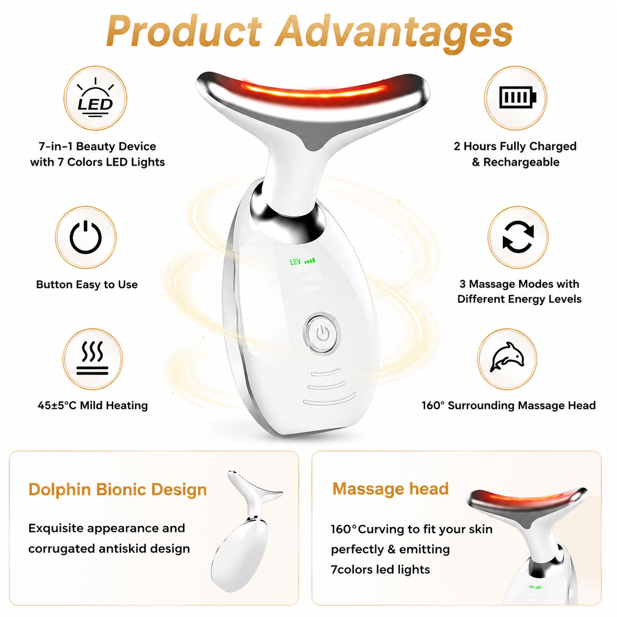 Multi Color LED Facial & Neck Massager Red Light Therapy Face Lifting Device Anti Aging Skin Tightening Tool Rechargeable Beauty Device for Wrinkles Firming & Facial Sculpting