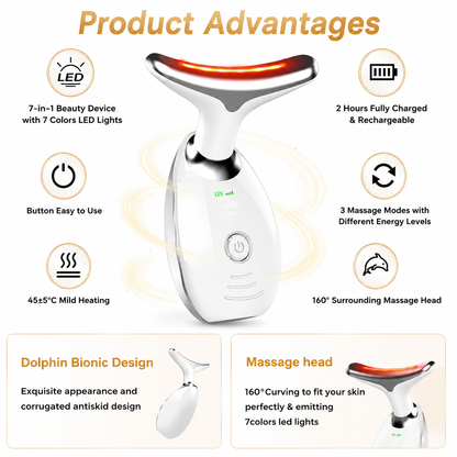 Multi Color LED Facial & Neck Massager Red Light Therapy Face Lifting Device Anti Aging Skin Tightening Tool Rechargeable Beauty Device for Wrinkles Firming & Facial Sculpting