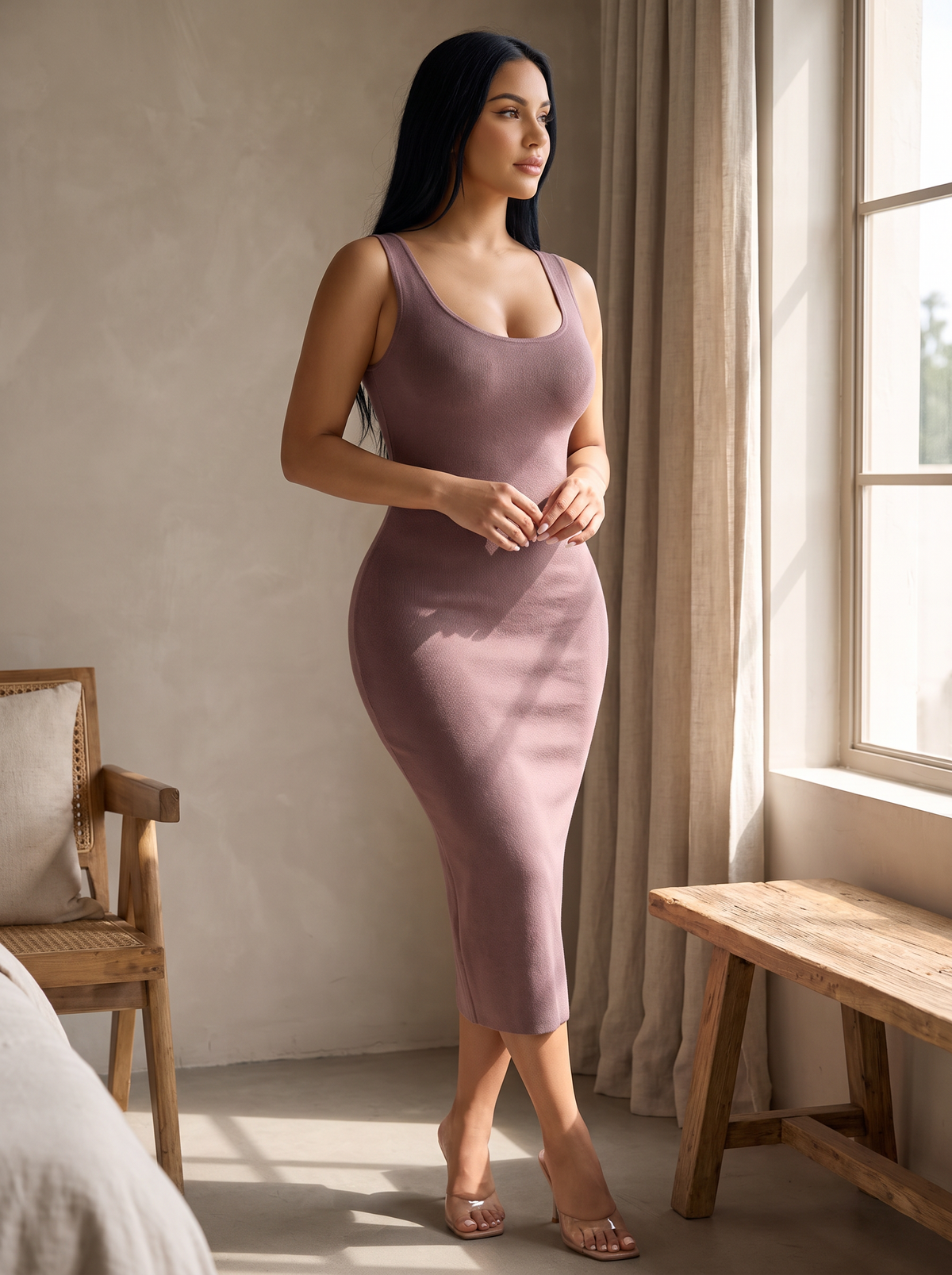 Smooth silhouette under a fitted knit dress