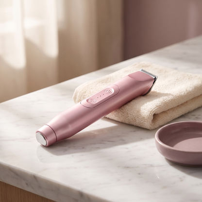 Vella trimmer on a marble counter beside a folded towel