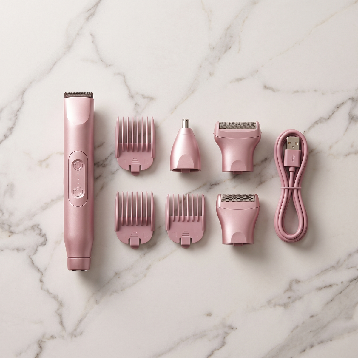 Overhead flat lay of the Vella trimmer with all heads and cable