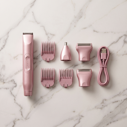 Overhead flat lay of the Vella trimmer with all heads and cable