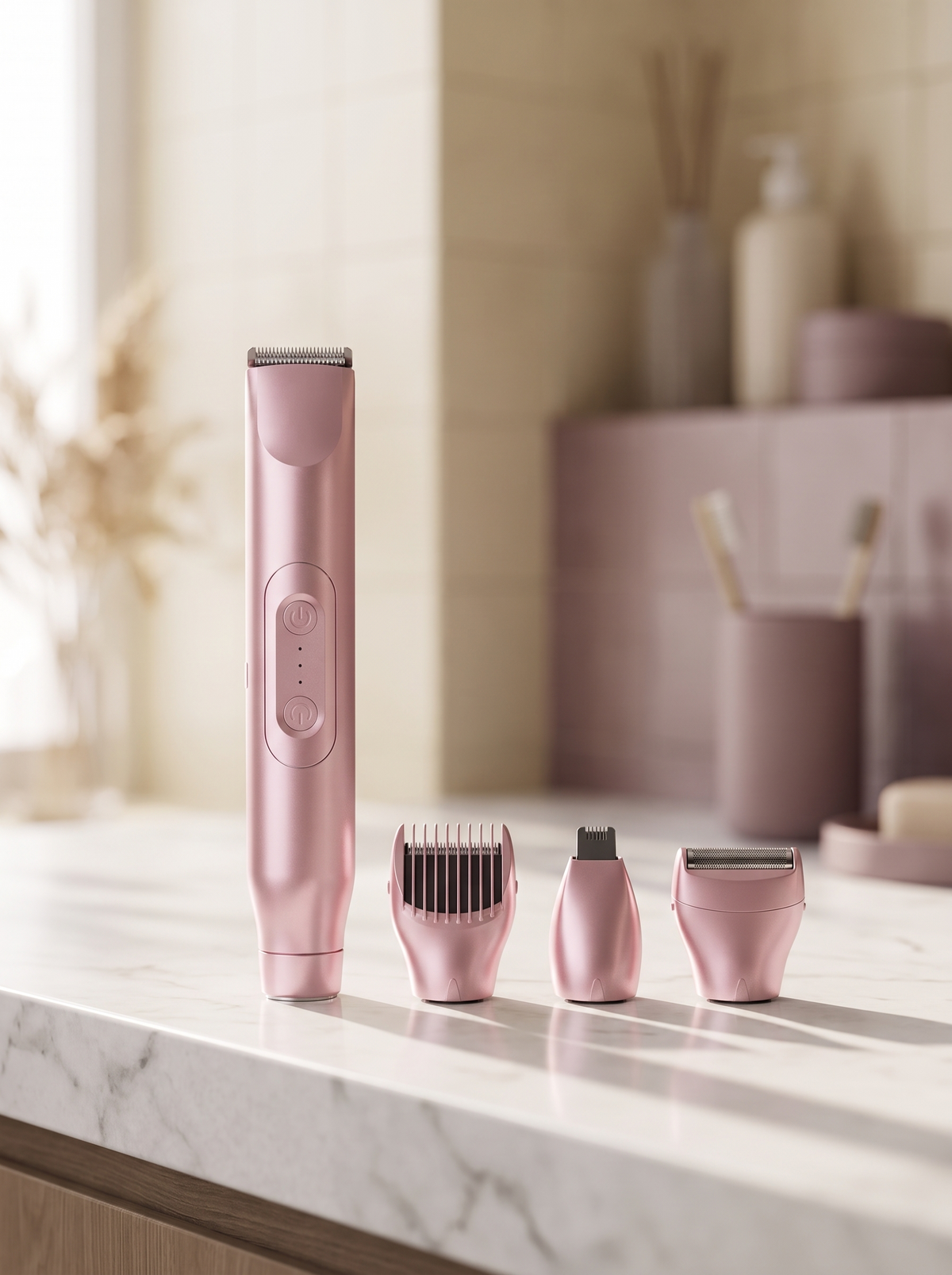 Vella grooming trimmer with its heads on a marble counter