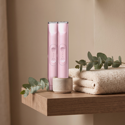 Vella trimmer in a ceramic holder on a bathroom shelf