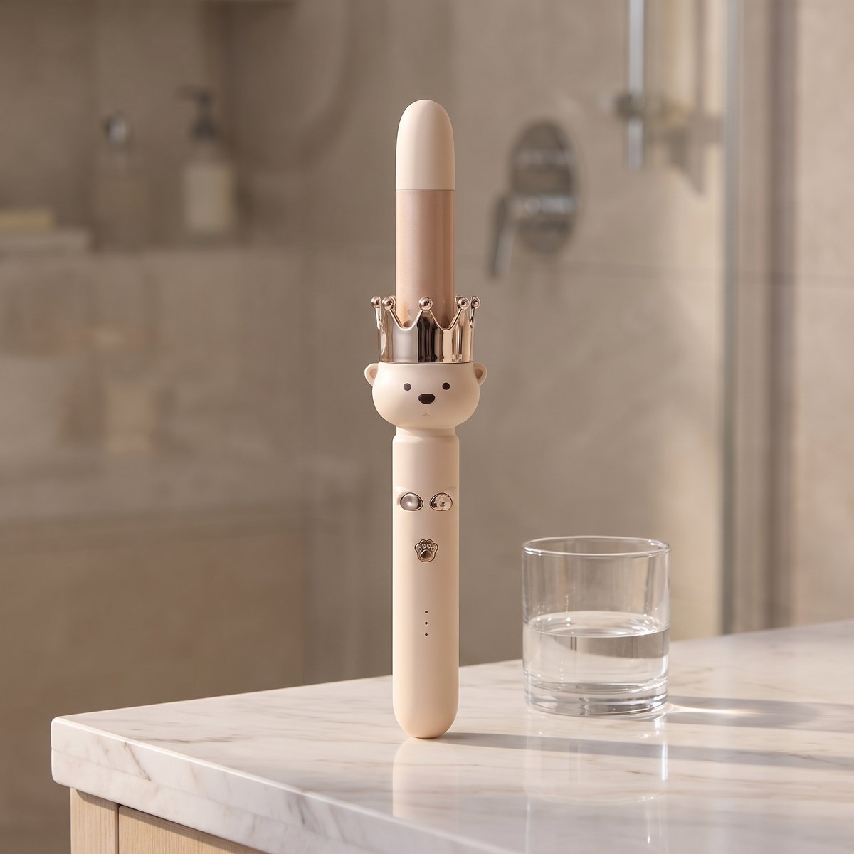 Maren curling wand upright on a marble counter