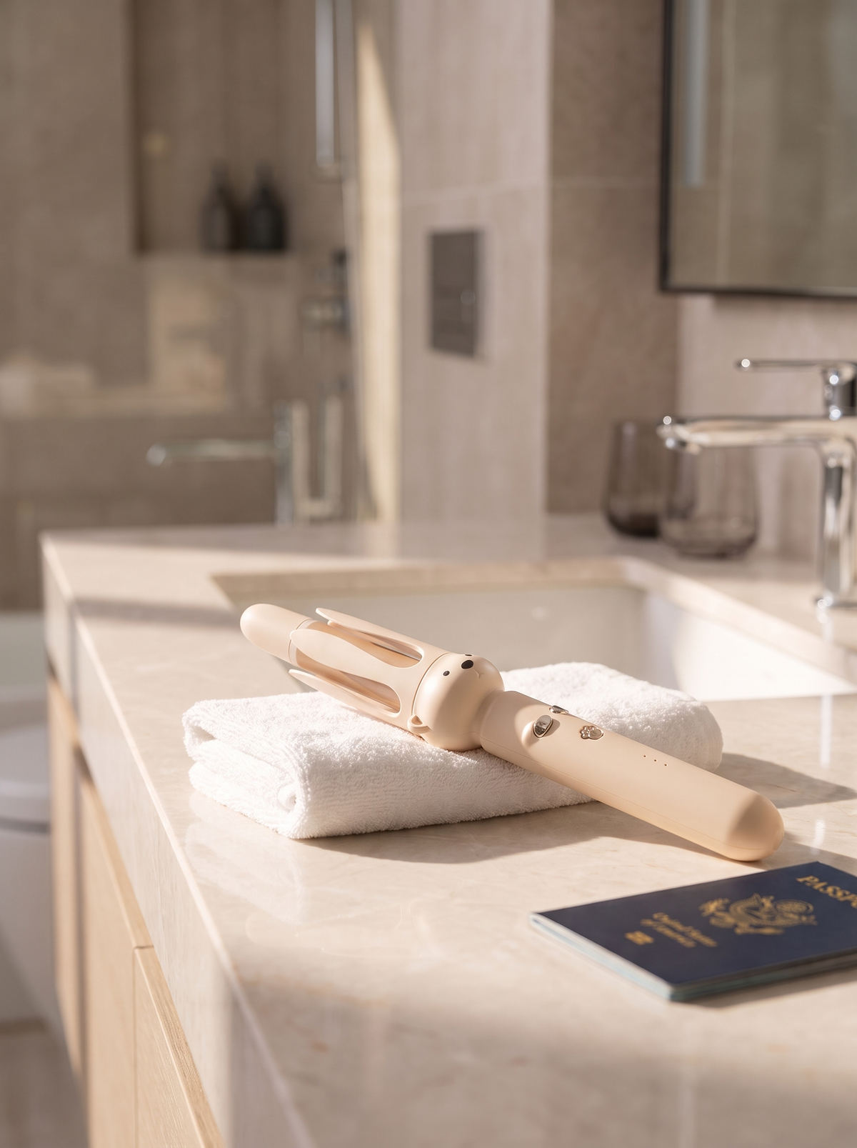Maren curling wand on a hotel bathroom counter