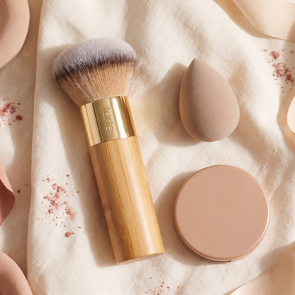 Wren brush flat lay with sponge and compact