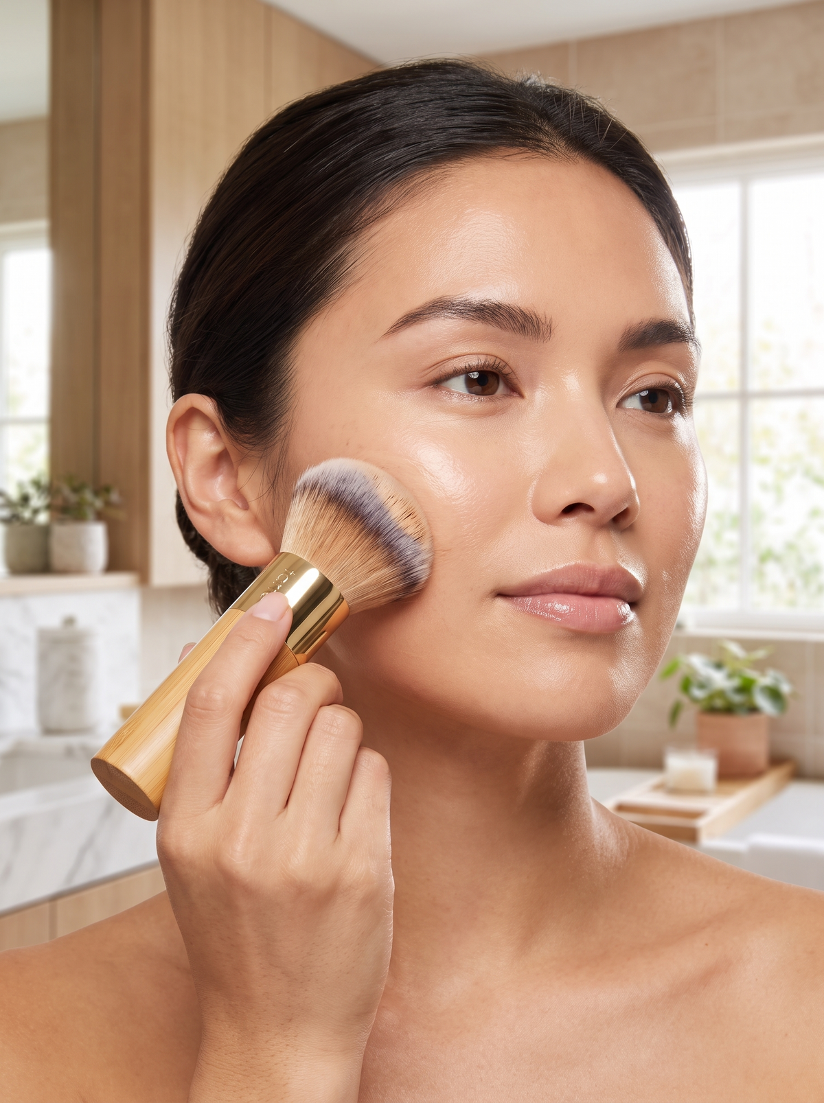 Wren buffing brush buffing foundation along a cheek