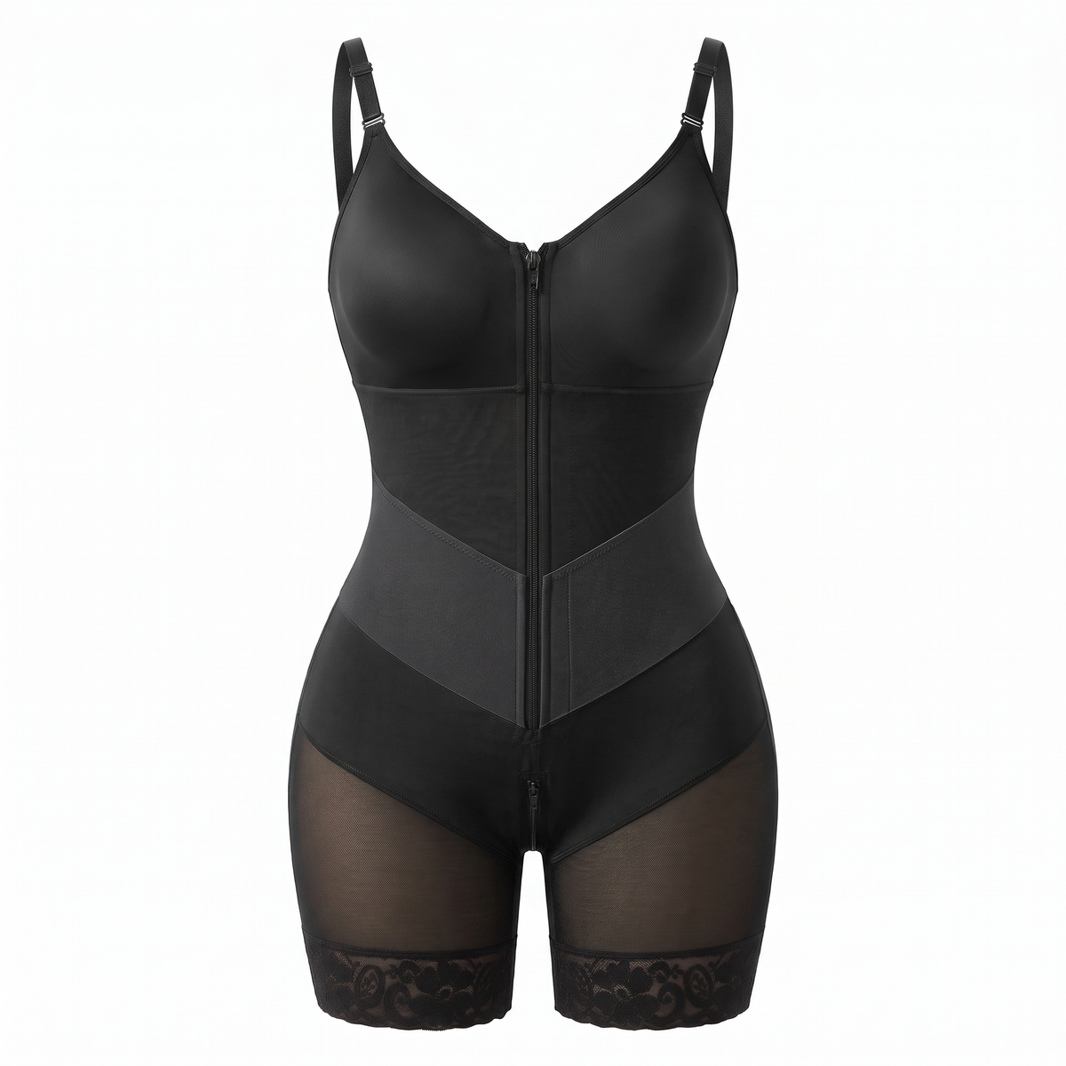 Elise shaping bodysuit in black, front view on white background