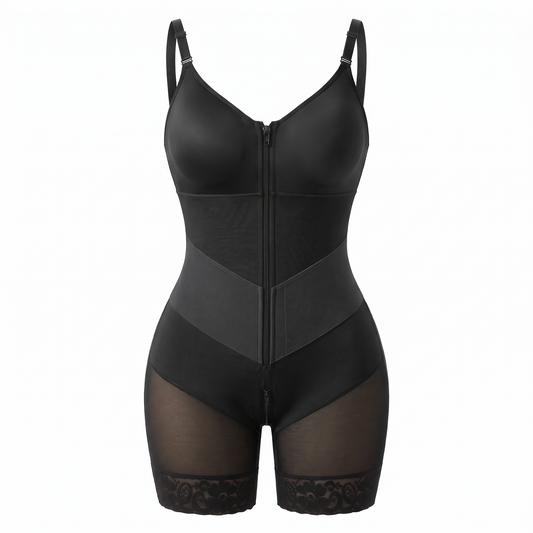 Elise shaping bodysuit in black, front view on white background