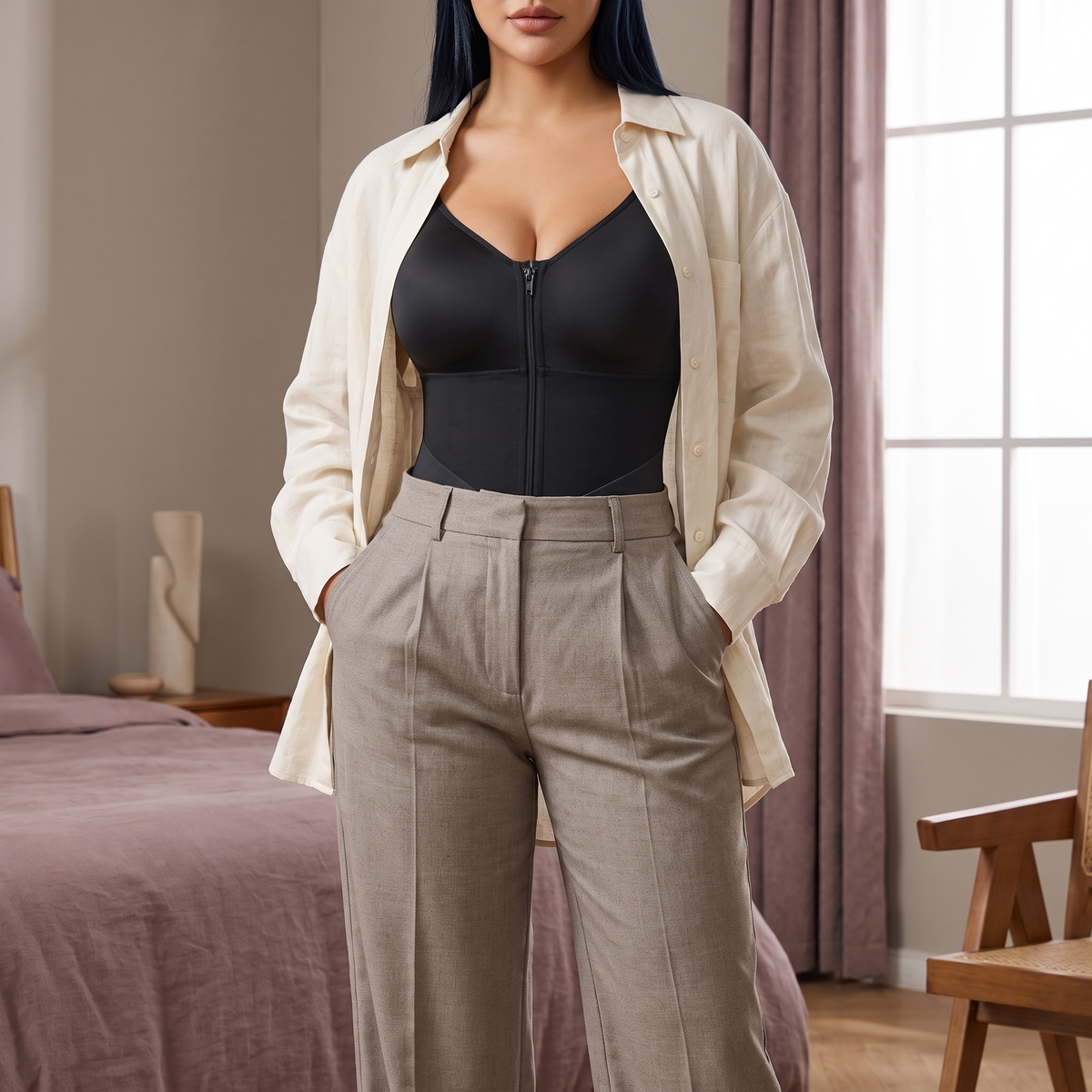 Elise shaping bodysuit layered under an open shirt and trousers