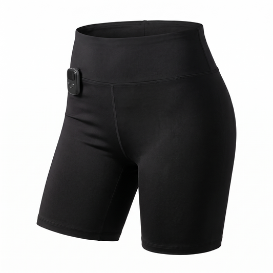 Nera Shorts EMS toning shorts in black, front view on white background